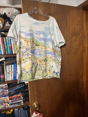 Alfred Dunner Scenic Watercolor Print Short Sleeve Blouse in White, Blue, Green